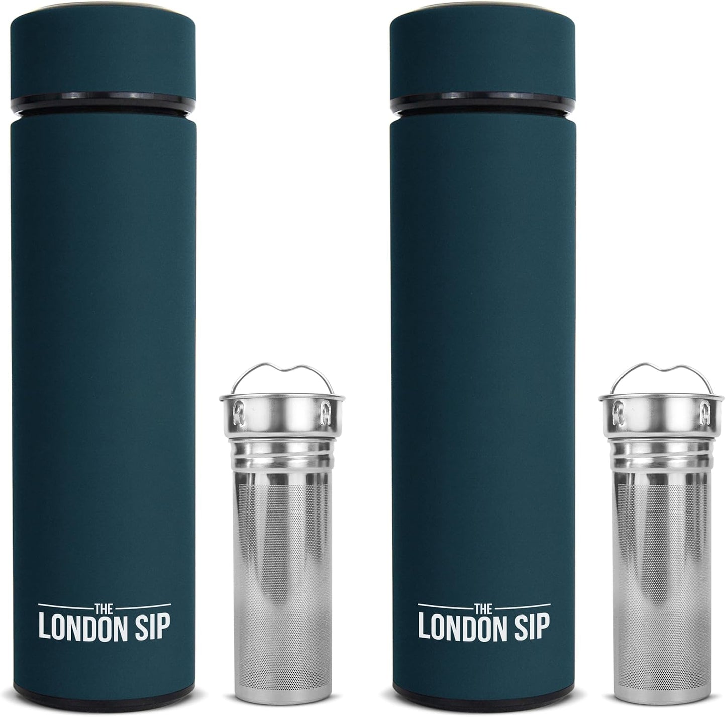 London Sip Multi-Purpose Travel Mug and Tumbler Fruit Infused Flask Hot and Cold Double Wall Stainless Steel Thermos with Extra-Long Infuser, Midnight Teal, Pack of 2
