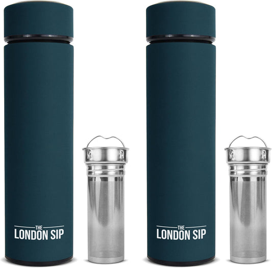 London Sip Multi-Purpose Travel Mug and Tumbler Fruit Infused Flask Hot and Cold Double Wall Stainless Steel Thermos with Extra-Long Infuser, Midnight Teal, Pack of 2