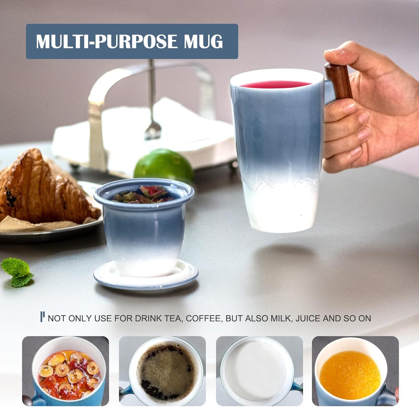 suyika Tomotime Tea Cup with Infuser and Lid 400ml Ceramic Tea Mugs Smooth Inner Wall Wooden Handle 13.5 oz,Blue