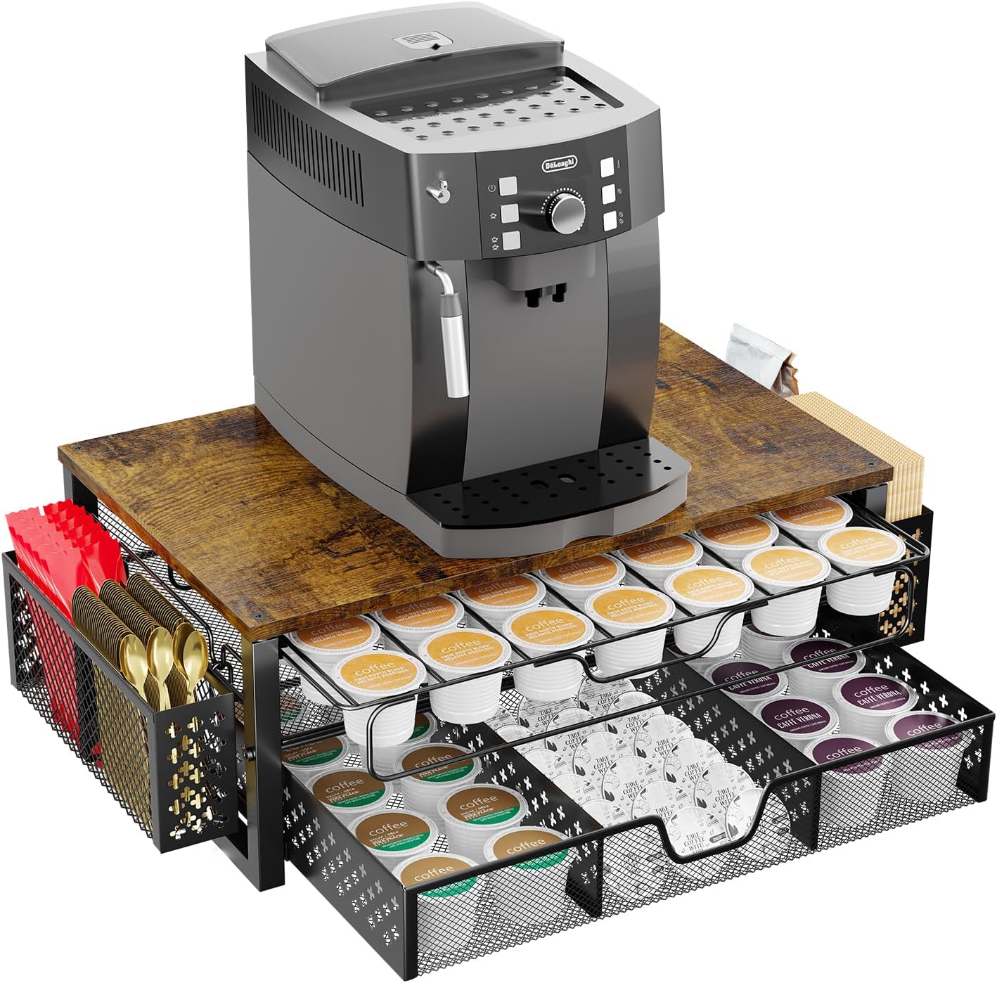 Simple Trending Coffee Pod Holder for K Cups, with 2 Tier Slidng Storage Drawer and Coffee Accessories Holder, 63 Large or 80 Small Capsule Organizer, Black