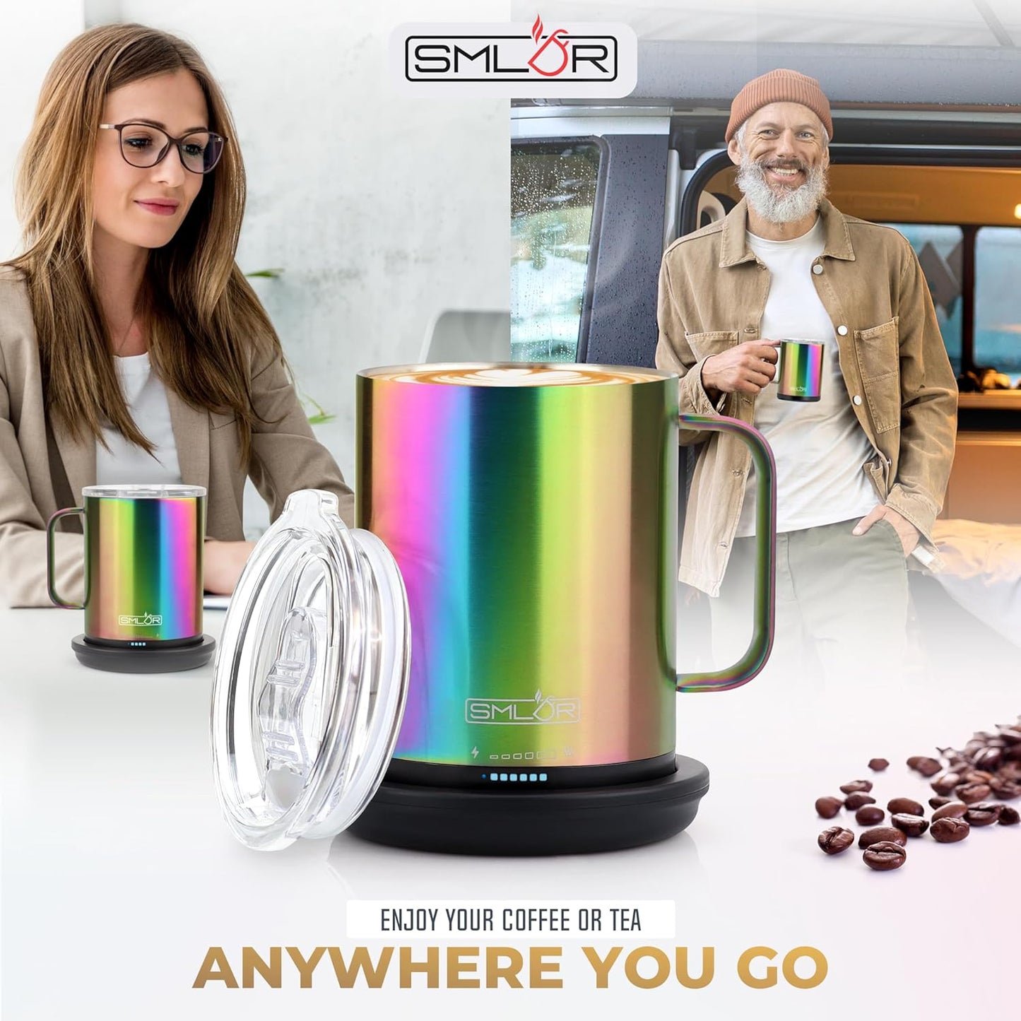 SMLDR Pro Heated Mug, 14 oz Smart Mug, Self-Heating, Adjustable Temperature, Battery Powered Heated Coffee Mug, Quick Recharge Time, Great for Coffee & Tea, Excellent Gift (Rainbow)