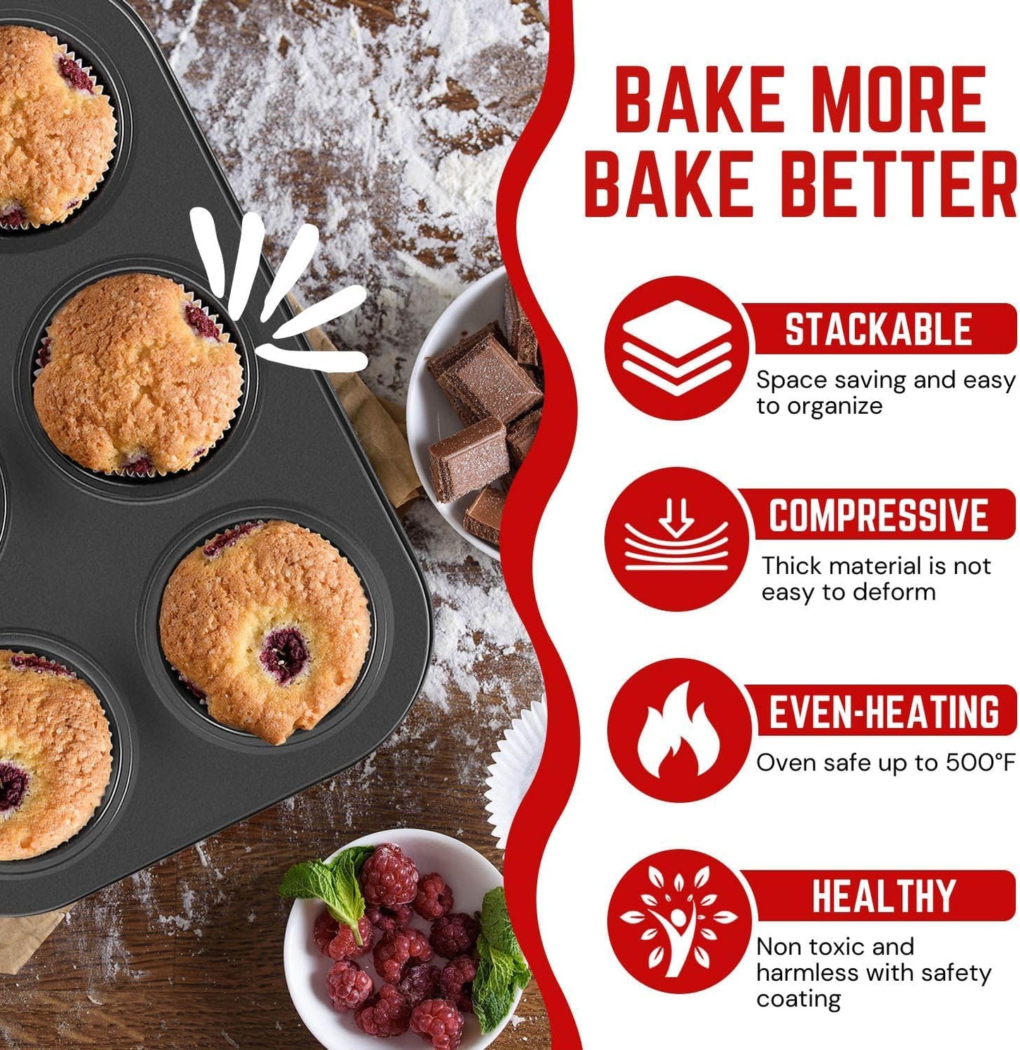 Flexzion Muffin Tray Cupcake Baking Pan 2 Pack, 6-Cup Nonstick Carbon Steel Muffin Tins Non-Stick Cupcake Tin Bakeware Accessories for Baking Cupcakes Muffin Brownies Snacks, Easy Clean, Fridge Safe
