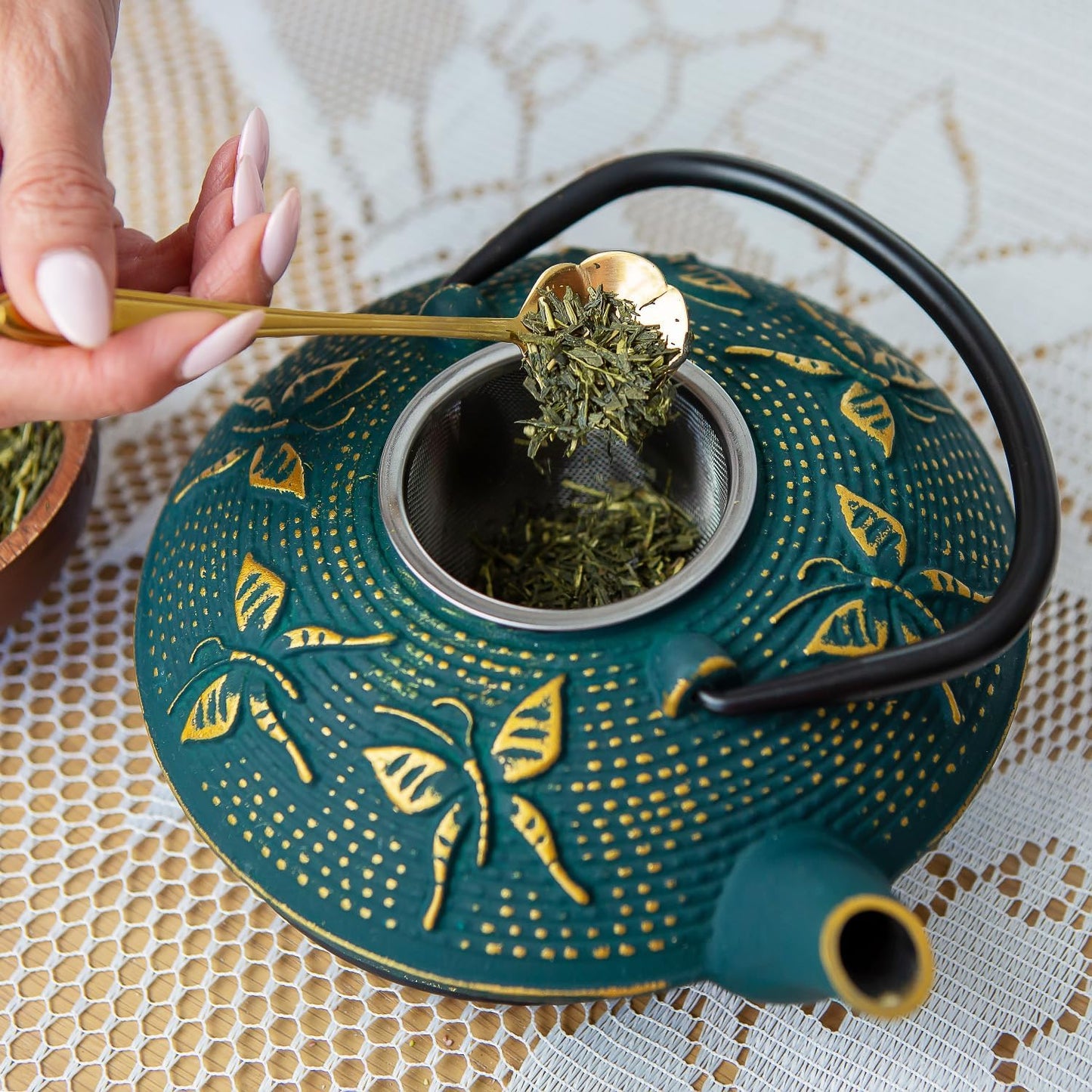 7PC Japanese Tea Set. "KIYOSHI Green" Cast Iron Tea Pot with 2 Tea Cups, 2 Saucers, Infuser and Teapot Trivet. Ceremonial Matcha Accessories