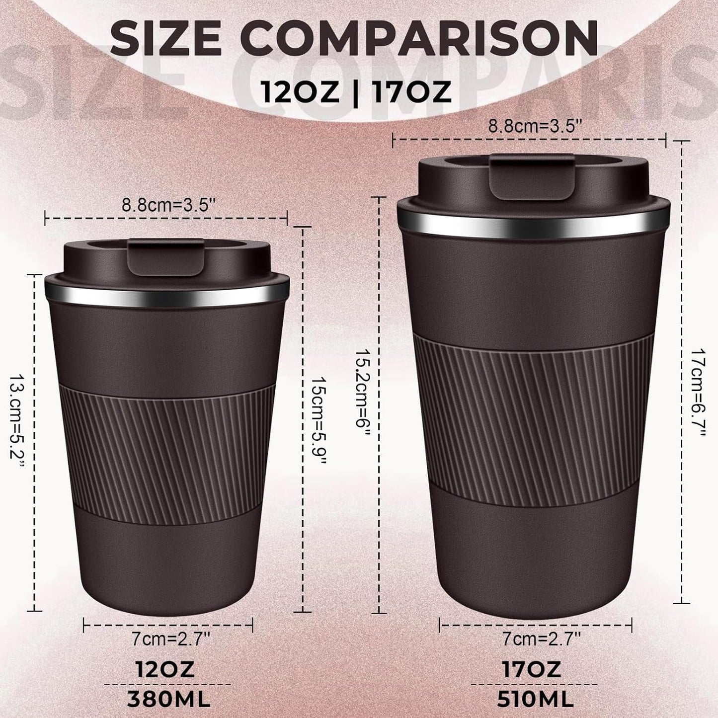 Insulated Coffee Tumbler 12 oz, Stainless Steel Coffee Mug with Lids, Travel Coffee Mug Leak Proof, Double Wall Vacuum Insulated Reusable Coffee Cup, Keep Drinks Hot and Cold, Dark Chocolate, 12 Ounce