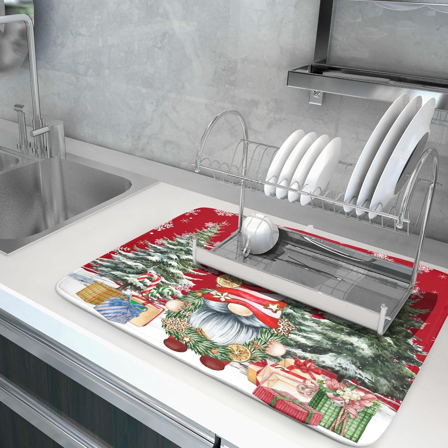 Christmas Gnome Dish Drying Mats for Kitchen Counter Christmas Gnomes Snowflakes Absorbent Microfiber Dishes Drying Pad Xmas Kitchen Drying Mat Drying Rack Mat Kitchen Accessories 16"x18"