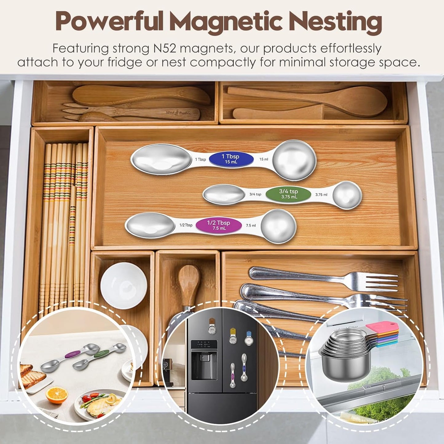 Magnetic Measuring Cups and Spoons Set - 304 Stainless Steel | Dual-sided Design | Set of 15 with Leveler | Strong N52 Magnetic Nesting Design | for Dry & Liquid Ingredients (Colorful)