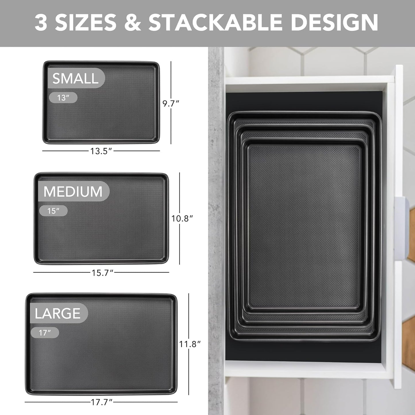 Tiawudi Baking Sheet Pan Set, 0.8mm Thick Heavy Duty Cookie Sheet with Diamond Texture Pattern, Nonstick Baking Tray for Oven, Carbon Steel Half, Jerry Roll Pan, Set of 3