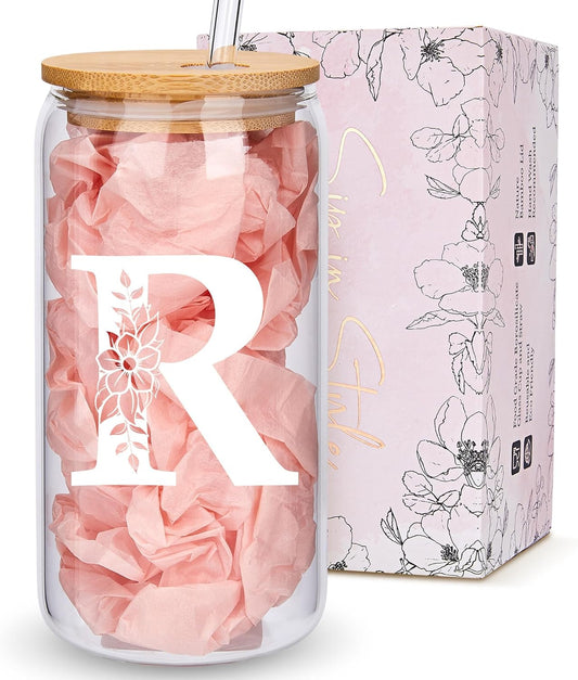 Personalized Gifts for Women, Monogrammed Glass Cups with Lids and Straws, Custom Tumbler, Cute Customized Mug, Aesthetic Stuff, Initial Iced Coffee Cup, Drinking Glasses, Birthday Teacher Gifts, R