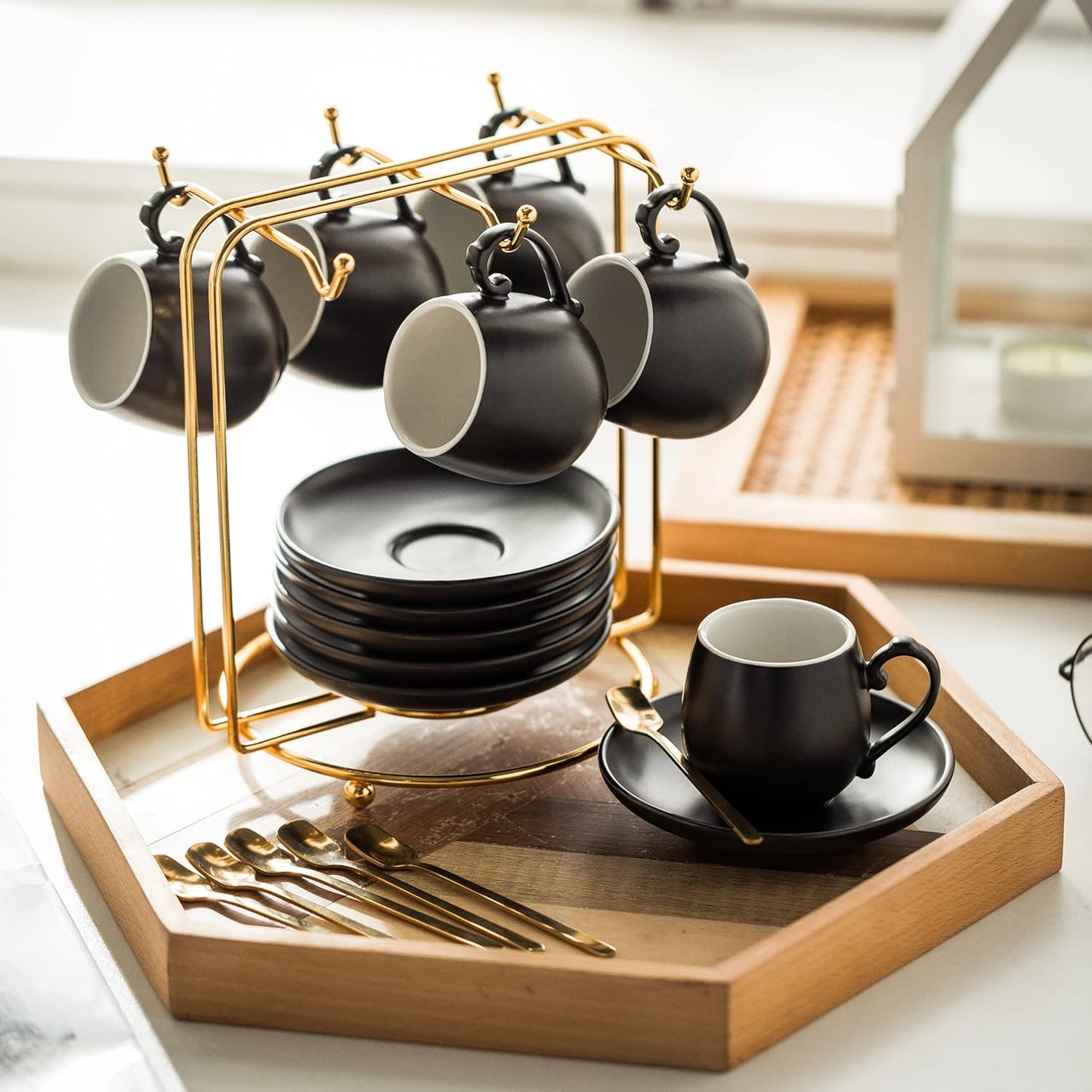 LYEOBOH Espresso Cups and Saucers Set, Ceramic Coffee Cup 3 Ounces Small Demitasse Cups Espresso Mugs with Spoons & Metal Stand for Cappuccino, Latte, Tea, Set of 6, Black