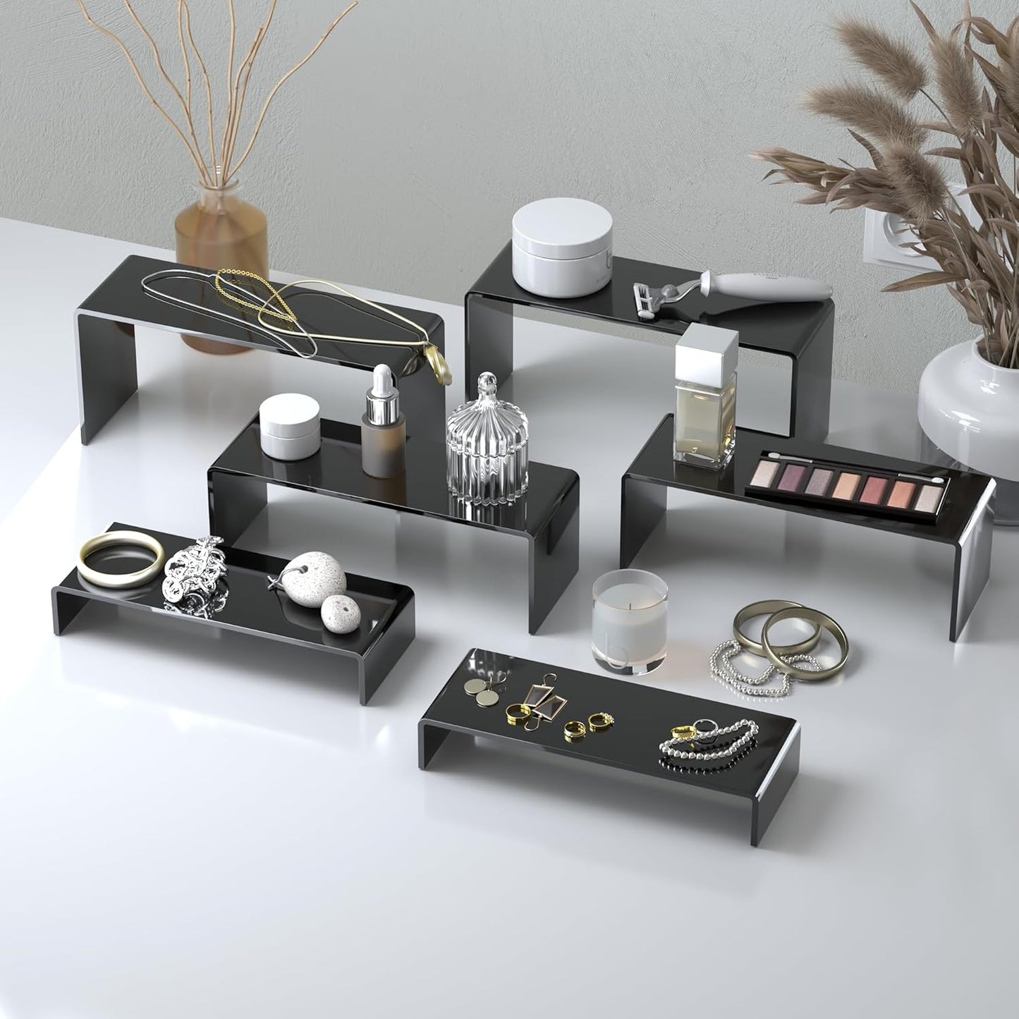 Goabroa Black Acrylic Display Risers, 3 Tiers 2 Set (6 Pcs) Acrylic Shelves Organizer Display Stand, Conutertop Desktop Stands for Decoration and Organizer