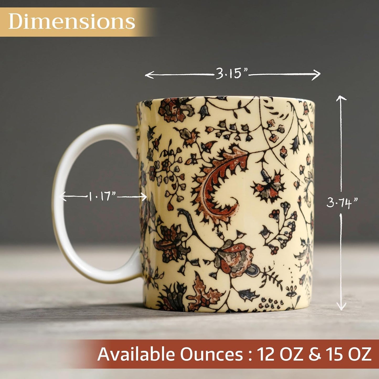 Maison d' Hermine Coffee Mug with Handles Fine Bone China Mugs Pack of One Tea Cups for Hot Beverages Cappuccino Latte Home Restaurant Office Perfect for Gift (Lakshmi - Arum, 12 Ounce)