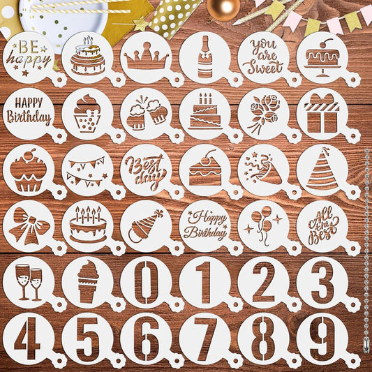 JULBEAR Birthday Cookie Stencils, 36 Pieces Reusable Coffee Decoration Stencils Templates Tools for Cookies Baking Painting Dessert Decoration DIY Birthday Party Decor