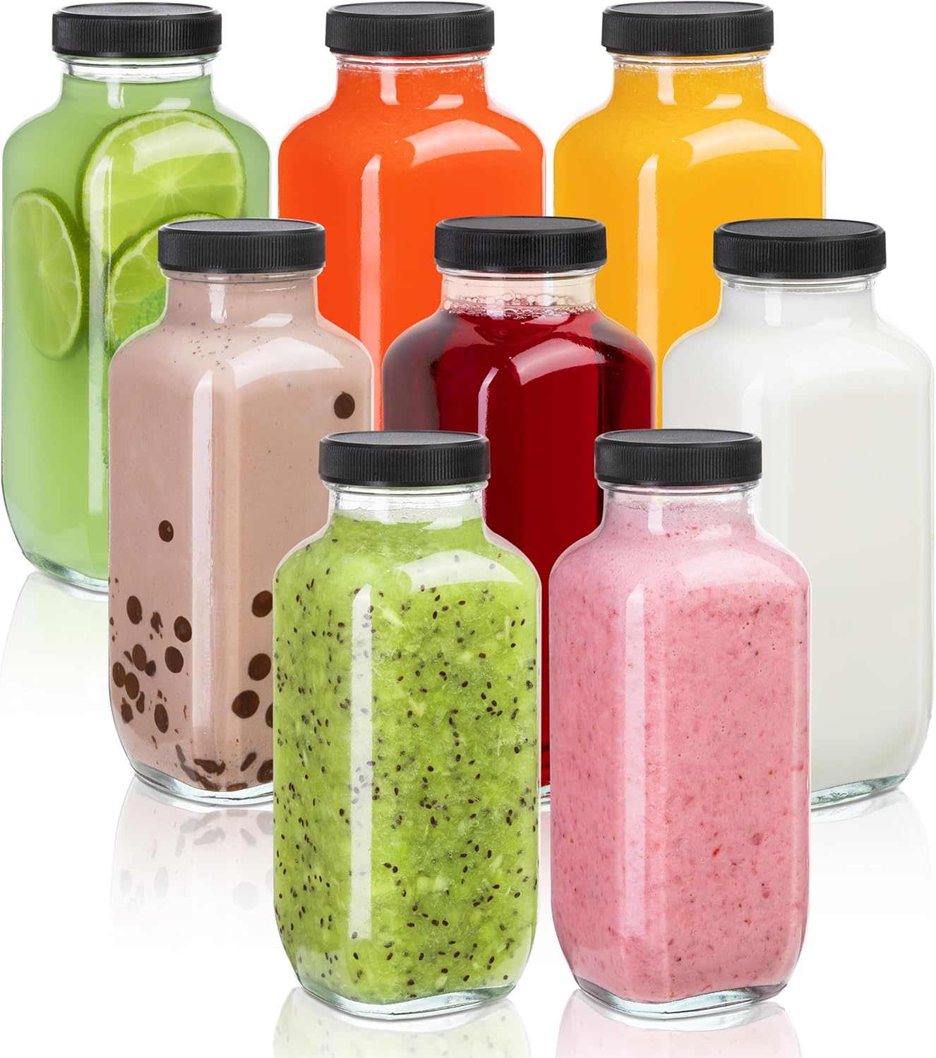 Juice Bottles with Lids, 16 Oz - Set of 8 - Clear Glass Jars with Caps - Reusable Empty Drink Containers for Juicing, Smoothies, Water, Milk, Kombucha Storage, Wellness Shots and More (8)