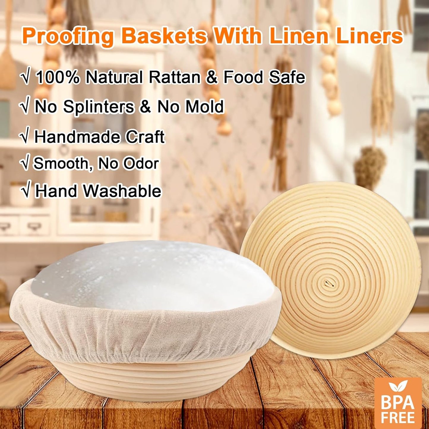 2PCS 9Inch Round Banneton Bread Proofing Basket Sets,Sourdough Bread Baking Supplies with Linen Liners,Silicone Bread Sling,Danish Whisk,Scoring Cutter,Dough Scraper