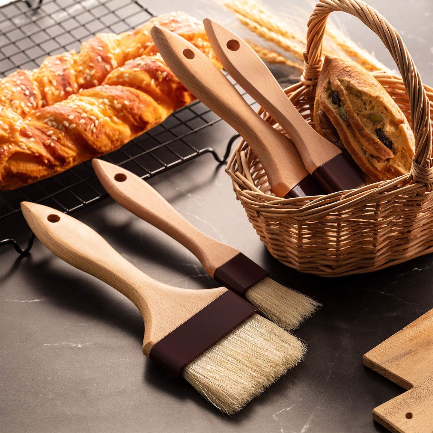 Boao 4 Pieces Natural Bristle Pastry Brush Beech Wooden Handle Basting and BBQ Brushes for Cooking, Butter, Oil, Egg, Marinade, Grilling, Baking, Kitchen Food (1 Inch, 2 Inch, 3 Inch)