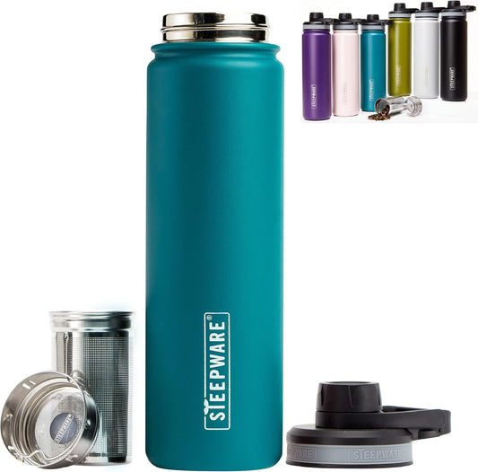 The Tea Spot Steepware Tea Tumbler and Thermos, 22oz, Tea Bottle with tea infuser for loose leaf tea or iced coffee, Sleek Double Wall Tumbler & Insulated Travel Bottle - Teal