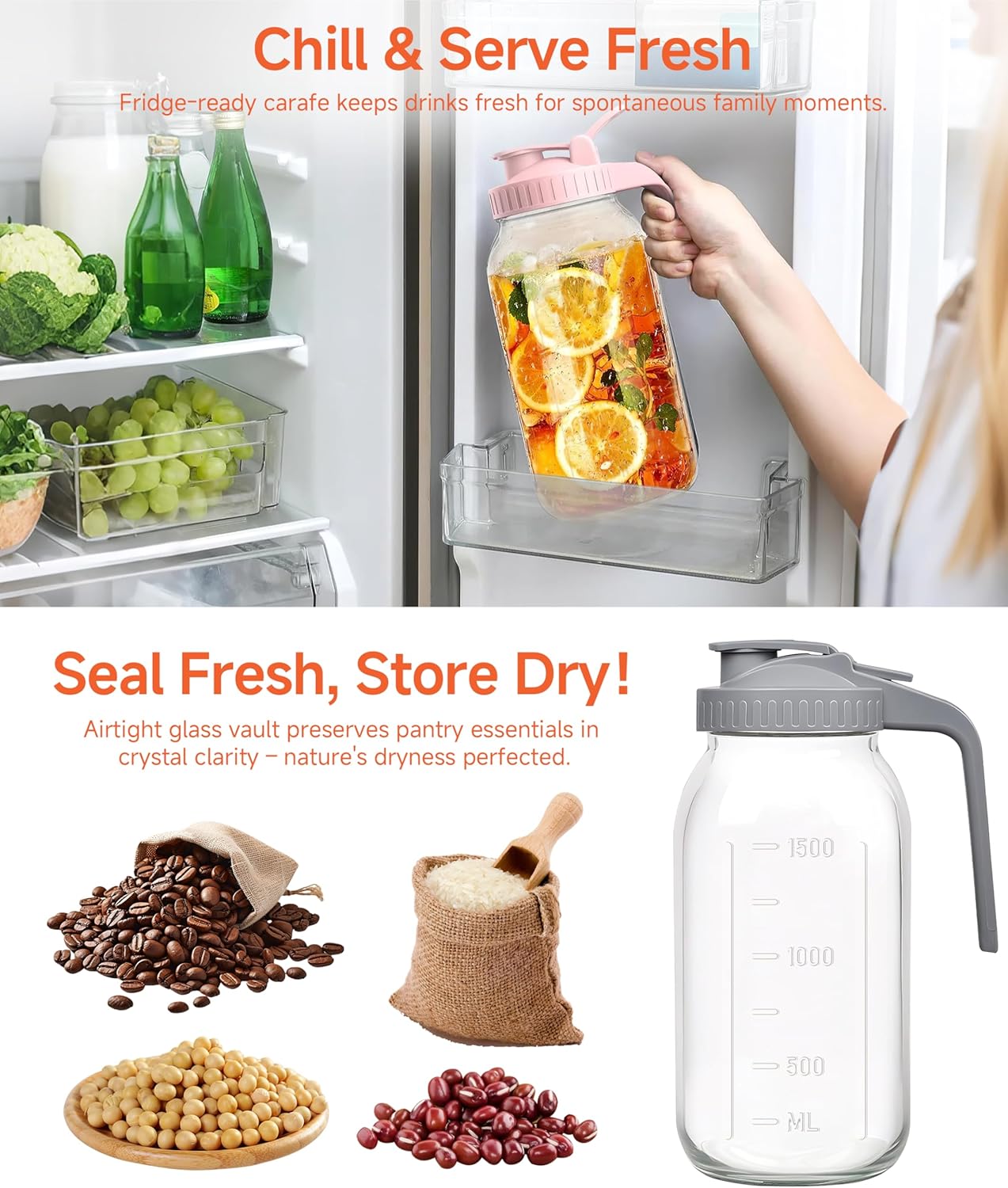 2 Quart Wide Mouth Glass Pitcher with Lid, 64oz Mason Jar Pitcher, Leak-proof Iced Tea Pitcher,Heavy Duty Container for Fridge Sweet Tea,Juice,Cold Brew Coffee,Breastmilk Storage Drinks-1PACK/Green