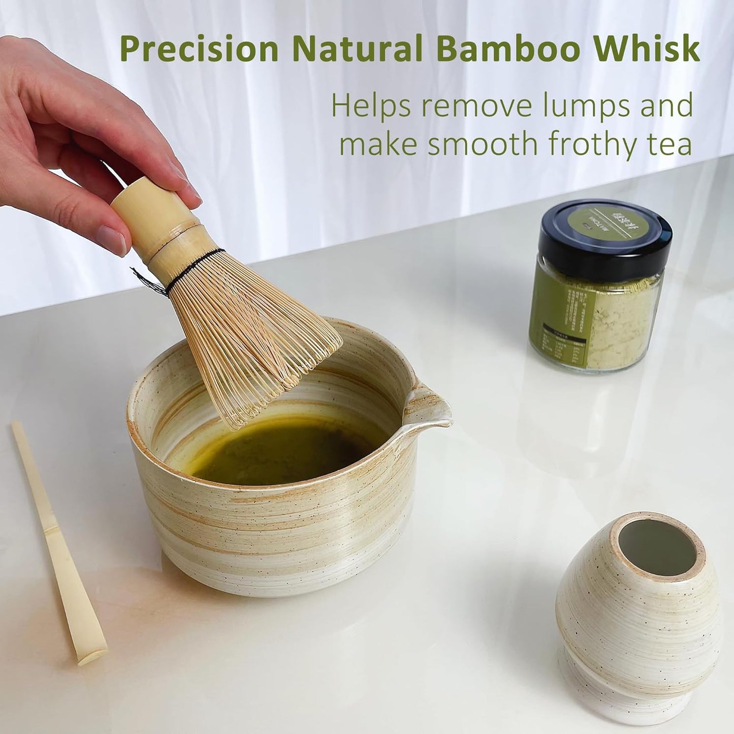 4pcs Matcha Set, Japanese Matcha Kit with Whisk, 17oz Ceramic Bowl with Spout, Whisk Holder & Bamboo Scoop for Starter, Tea Ceremony, Tea Lover, Gift