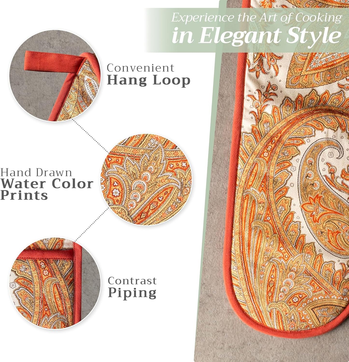 Maison d' Hermine Double Oven Mitts 100% Cotton 7"x35" Double Oven Mitt Heat Resistant BBQ Cooking Gloves with Loop, Baking, Grilling, Home, Kitchen, Handling Hot Pans (Kashmir Paisley)