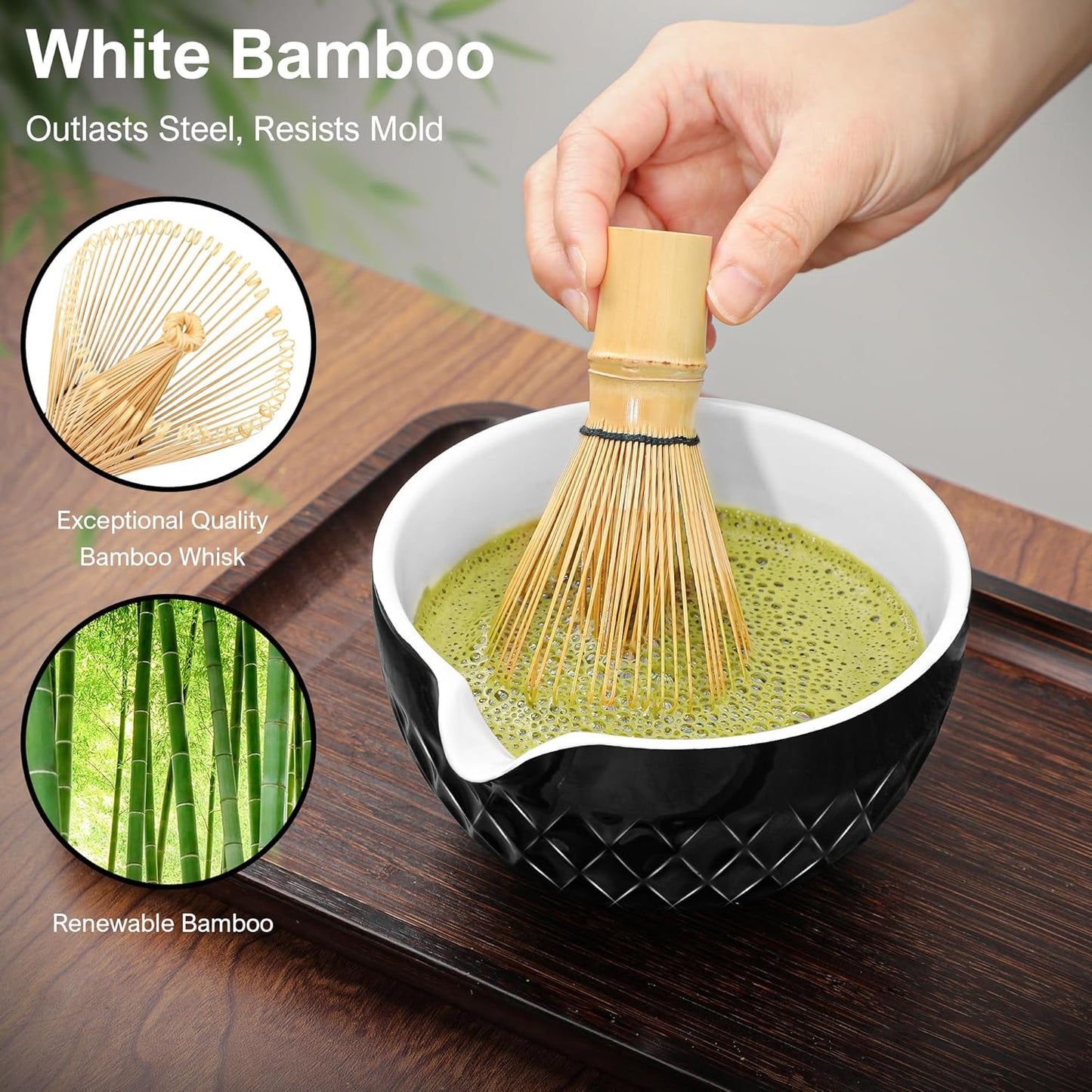Matcha Whisk Set, 7 Pcs Matcha Kit, Ceramic Matcha Set Includes Matcha Bowl with Spout, Matcha Whisk and Holder, Bamboo Scoop, Scoop Rest, Sifter and Tea Towel (Onyx Black)