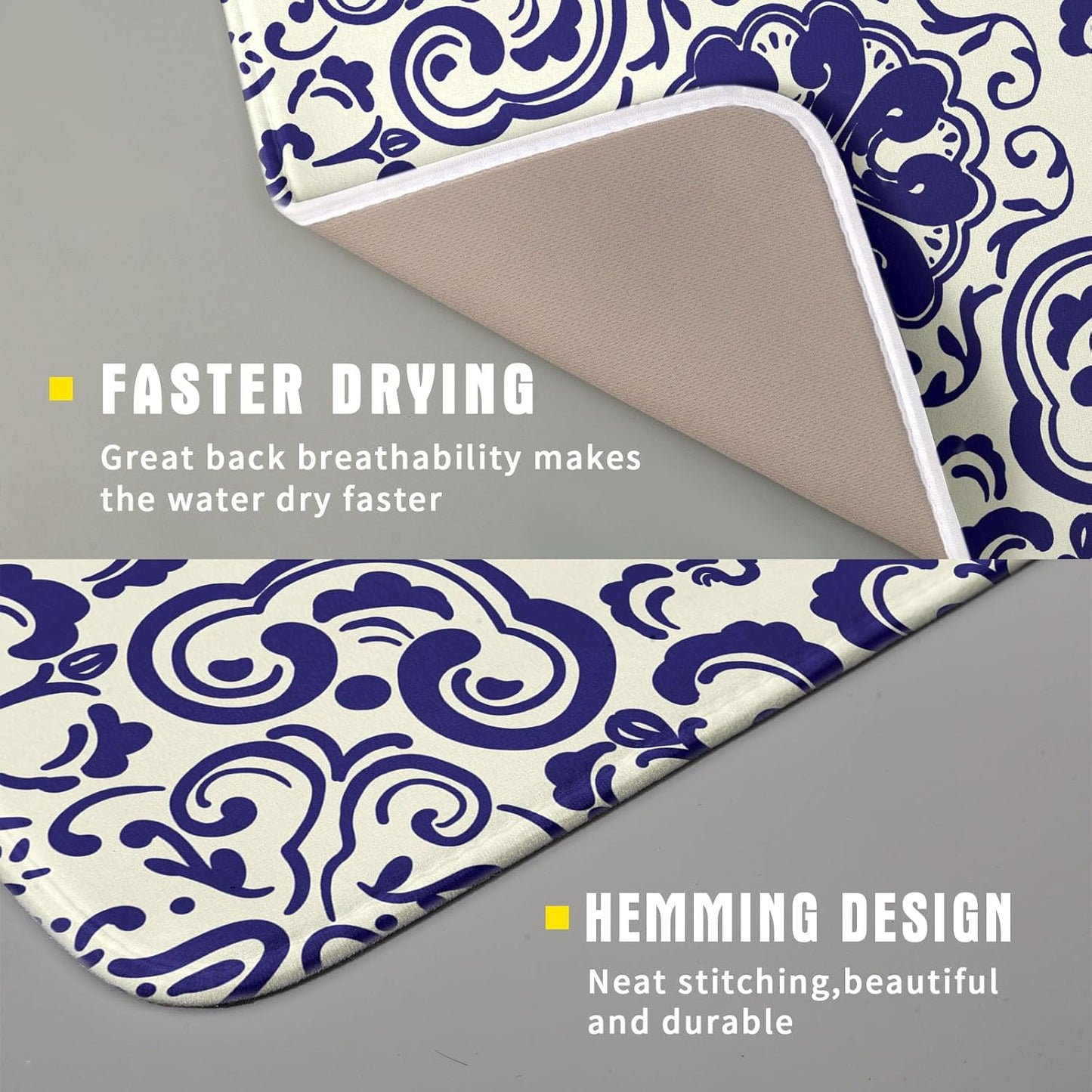 Boho Ethnic Design Dish Drying Mat for Kitchen Counter,Blue Bohemian Mandala Drying Mat 16 x 18 Inch with High Absorbent Reversible Microfiber Dish Drying Pad Dish Rack Pad Drainer Mat for Coffee Bar