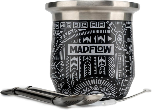 MADFLOW Yerba Mate Cup. Stainless Steel Mate Cup with 2 Bombillas. Double Wall Vacuum Insulated Yerba Mate Gourd. Unique Mate Cup And Bombilla Set