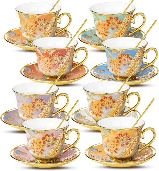 Tea Cups and Saucers Set of 8, 8 OZ Floral Tea Cup with Saucer, Vintage Tea Cups Porcelain Tea Set with Spoon for Latte, Mocha, Afternoon Tea Birthday Party Supply Thanksgiving Day Halloween gifts