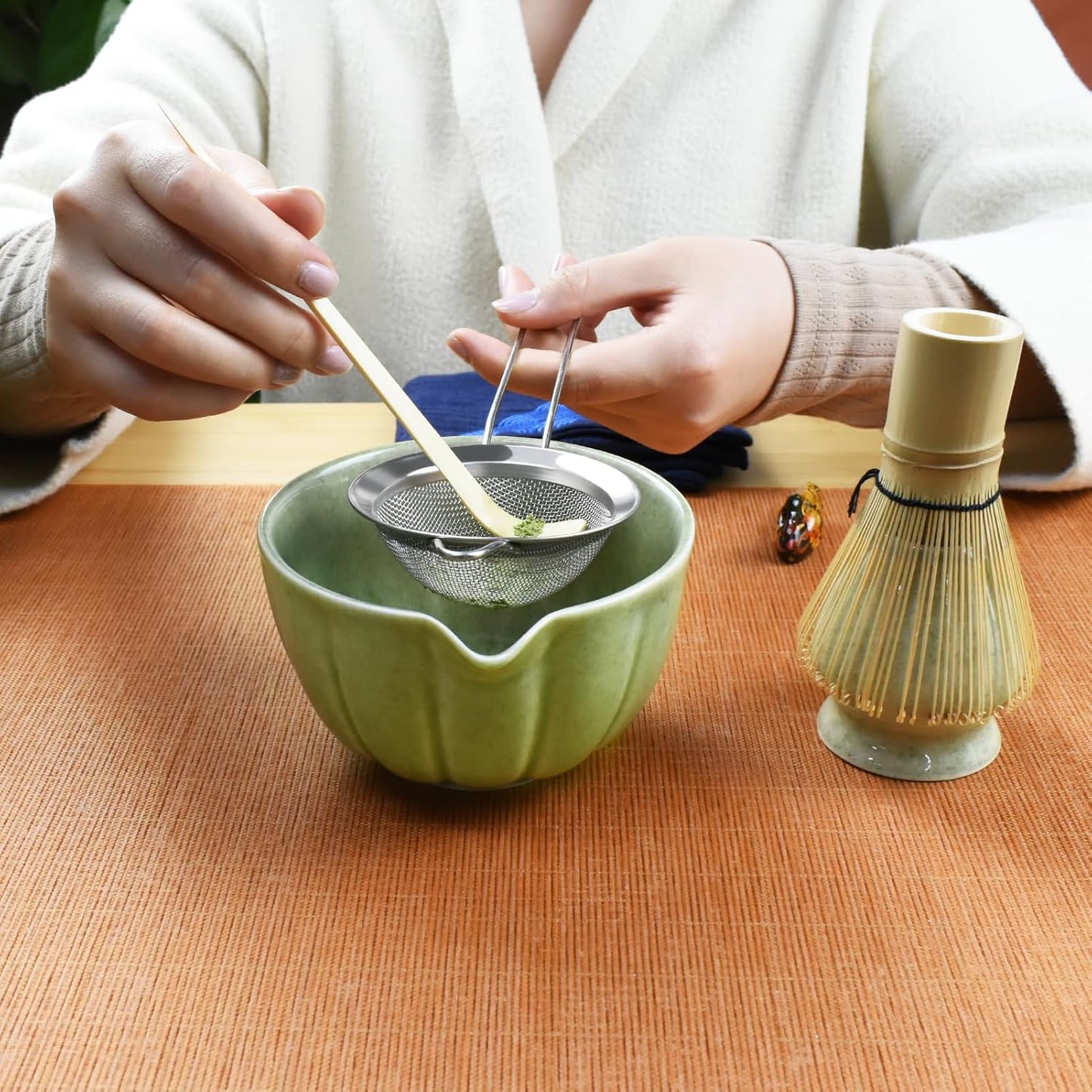 Artcome 7 Pcs Japanese Matcha Tea Set - Matcha Bowl with Pouring Spout, Matcha Whisk, Tea Scoop, Whisk Holder, Handmade Matcha Ceremony Kit For Japanese Tea Ceremony, Mottled Green