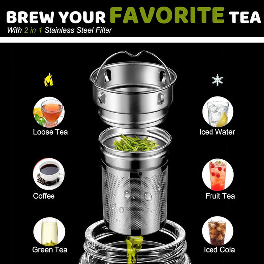 Tea Tumbler with Infuser, 34oz Tea Bottle with 2 in1 Infuser, Large Double Wall Borosilicate Glass Tea Bottle 100% Leak-Proof with Stainless Steel Filter