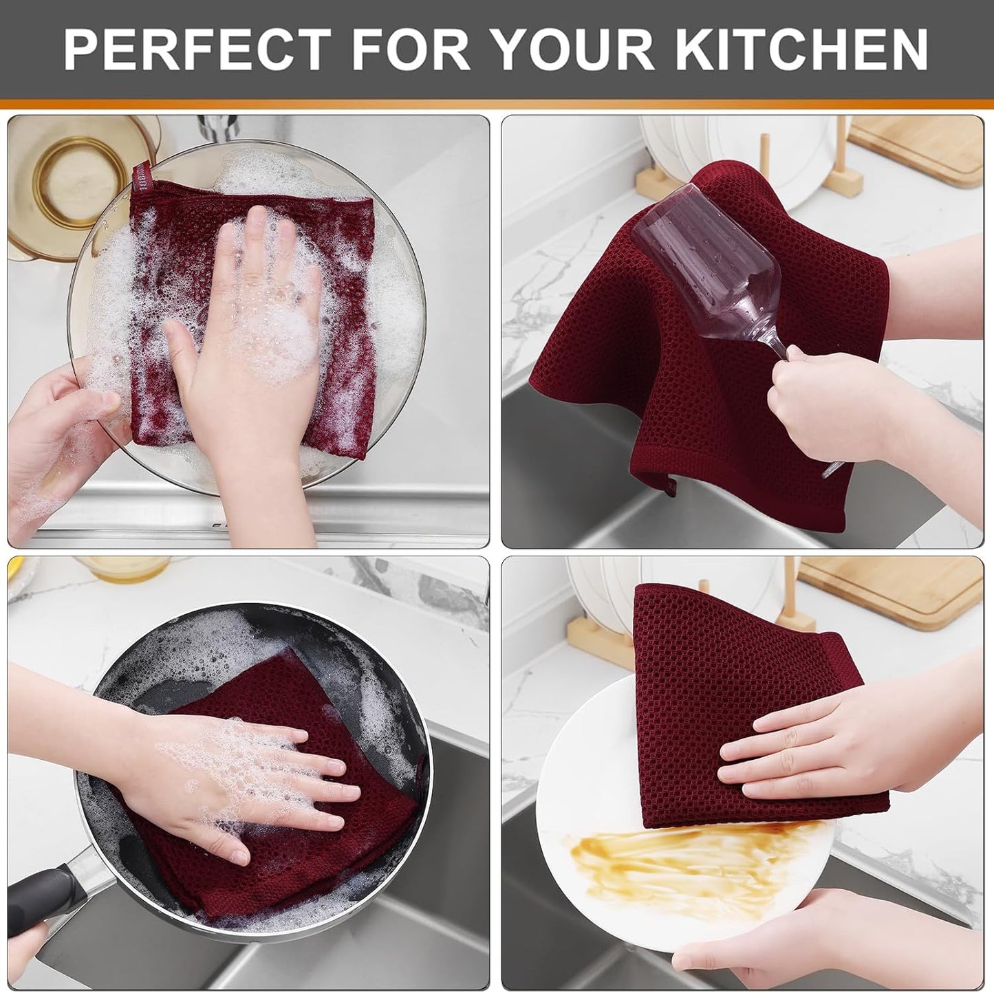 Kitinjoy 100% Cotton Kitchen Dish Cloths, 6 Pack Waffle Weave Ultra Soft Absorbent Dish Towels for Drying Dishes Quick Drying Kitchen Towels Dish Rags, 12 X 12 Inches, Burgundy