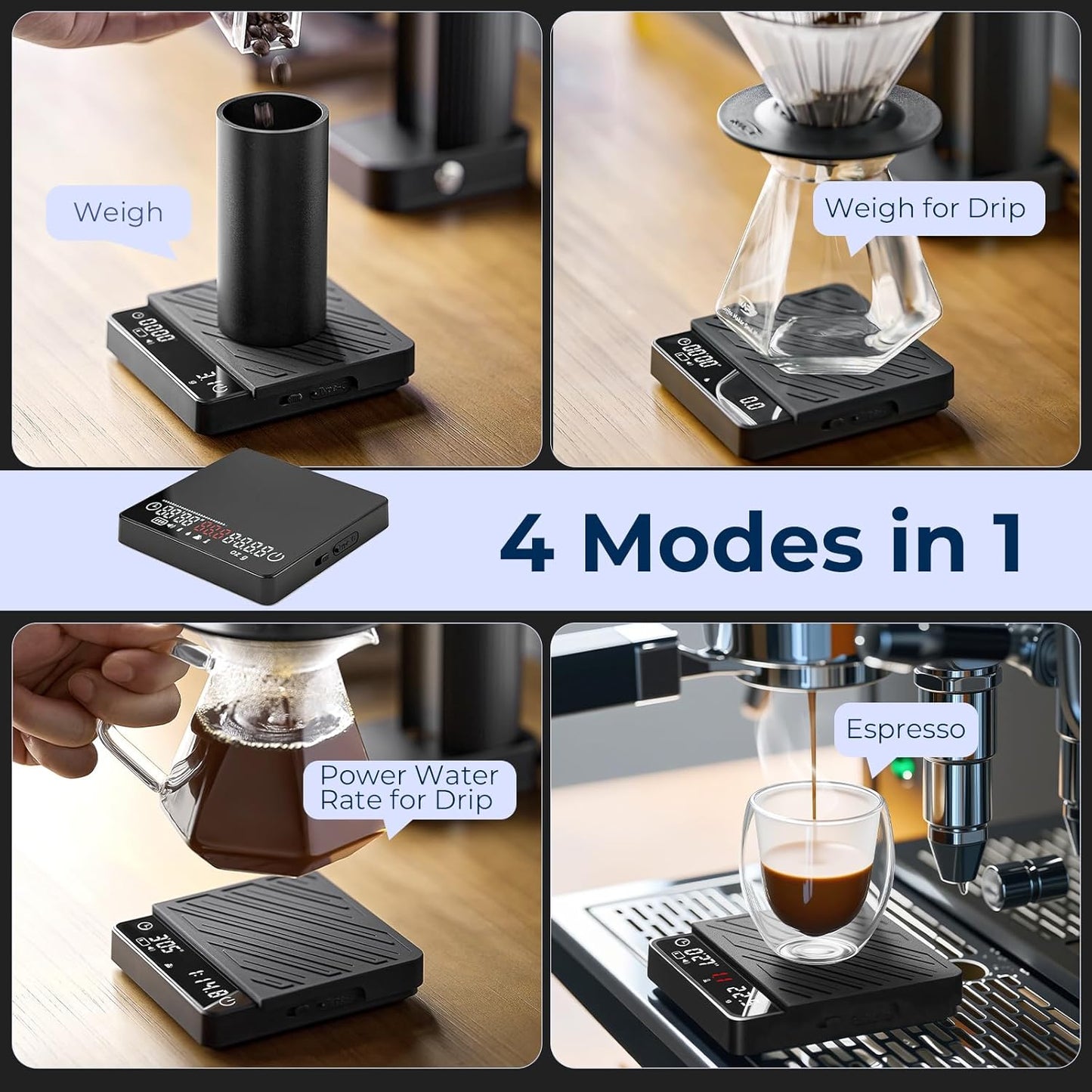 IKAPE Professional Coffee Scale with Timer, 2kg/0.1g High Precision Digital Scale, 4 Modes (Espresso/Pour Over Brew Ratio), LED Display, Auto-Tare, for Kitchen, Cooking, Espresso, Pour Over Coffee
