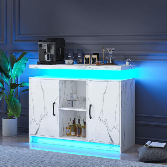 4 EVER WINNER Marble Buffet Cabinet with Storage, Modern Coffee Bar with LED Lights and Charge Station, Sideboard Buffet Cabinets with Adjustable Shelves for Kitchen,Dining Room