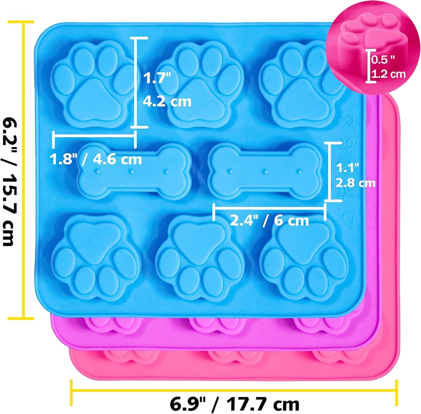 Anaeat 3 Pack Silicone Molds with Puppy Dog Paw and Bone Shaped 2 in 1, Reusable Non-Stick Ice Cube Trays & Flexible Candy Chocolate Molds for Homemade Dog Treats, Pudding, Jelly & Baking Biscuits