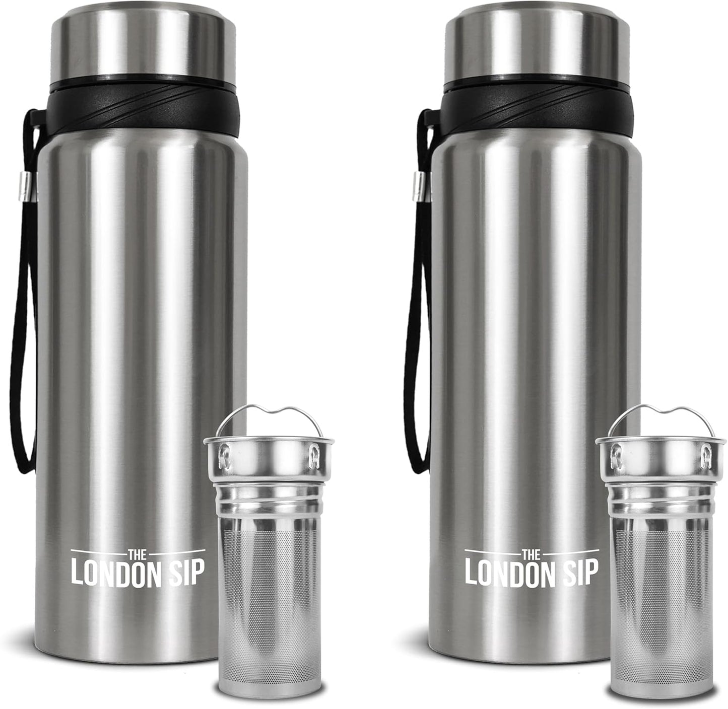 London Sip 25 oz Multi-Function Travel Mug and Tumbler Tea Infuser Water Bottle Fruit Infuser Flask Hot and Cold Double Wall Stainless Steel Coffee Thermos, Cosmic Silver, Pack of 2