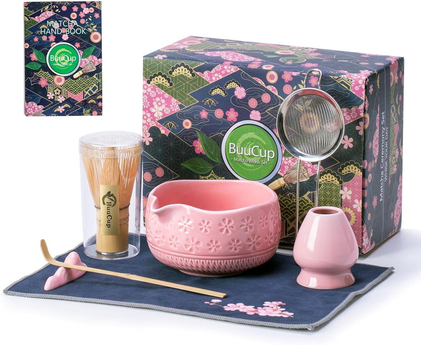Matcha Whisk Set, Ceramic Matcha Set Includes Matcha Bowl, Matcha Whisk and Holder, Bamboo Scoop, Scoop Rest, Sifter and Tea Towel - 7 Pcs Matcha Kit for Matcha Lovers (Pink)