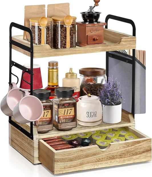Coffee Station Organizer for Counter, Condiment Storage Caddy for Kitchen with Hooks and Bag,2 Tier Wooden Shelf for Coffee Bar Accessories,Coffee Bar Organizer for Kitchen, Home, Office-Brown