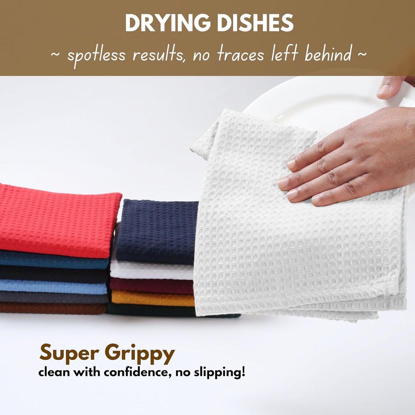 Native Fab Waffle 12 Pack Dish Cloths - 100% Cotton, Soft, Absorbent, Quick Drying, Washable Towels for All Cleaning, Cooking & Baking - Ideal for Home, BBQ, Hotels, Bars - 12x12 Inches - White