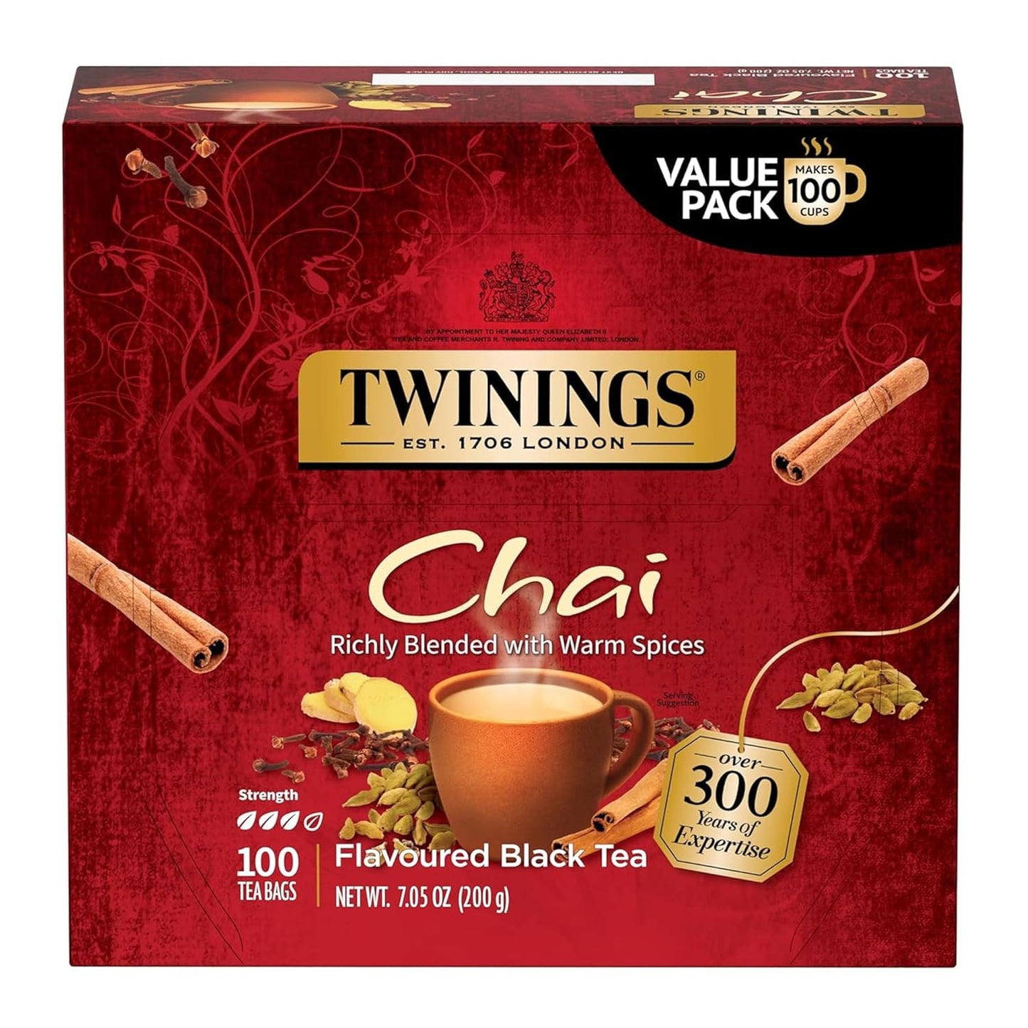 Twinings Chai Black Tea Individually Wrapped Bags, 100 Count (Pack of 1), Richly Blended with Warm Spices, Caffeinated, Enjoy Hot or Iced, 100 Teabags