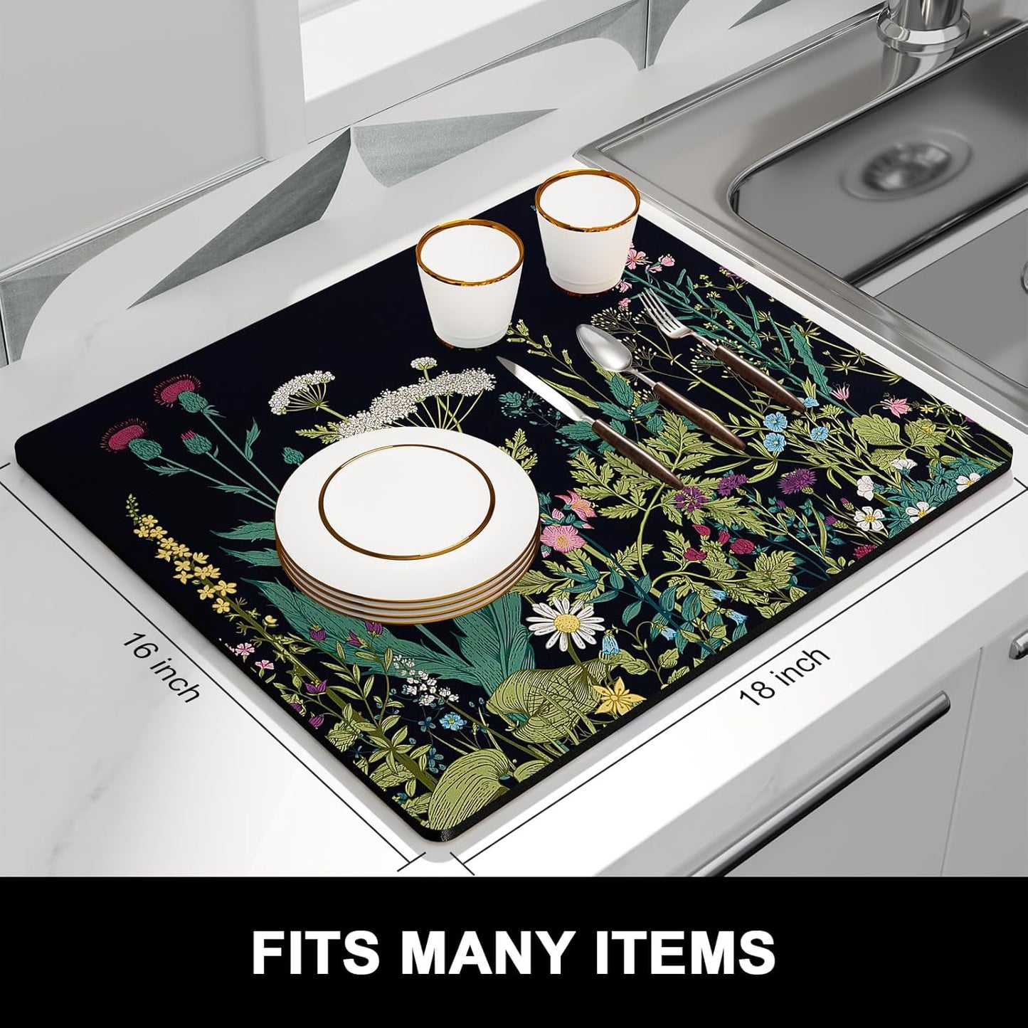 Rnivvi Dish Drying Mat for Kitchen Counter, 16 x 18" Cute Flower Theme Absorbent Heat Resistant Drying Pad with Non-slip Rubber, Coffee Bar Mats for Dish Rack Kitchen Decor Accessories, Black