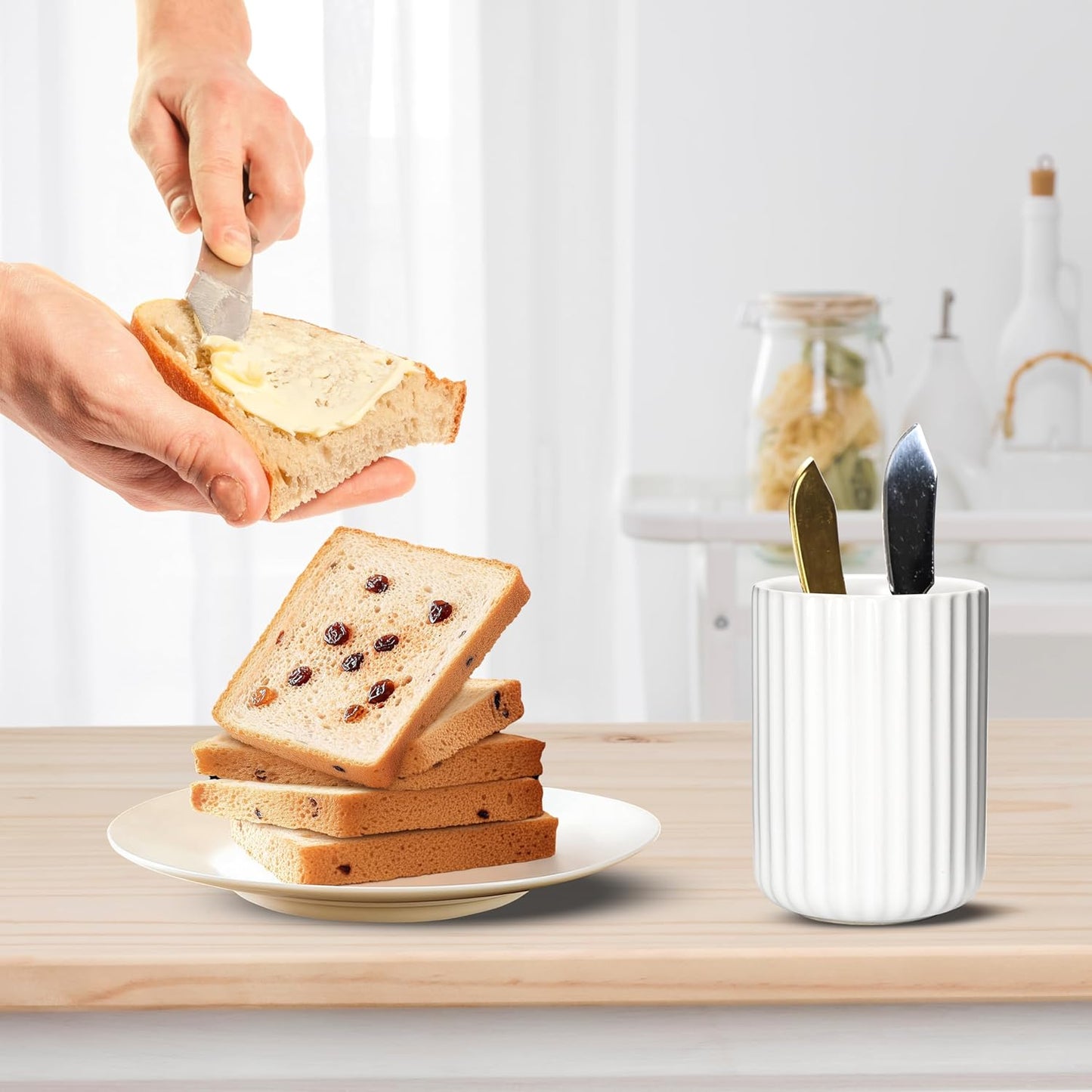 Ceramic Spoon Holder for Coffee Bar, Upright Tea Spoon Holder Cup, Coffee Stirrers Straws Stir Stick Holder, White Fluted Surface