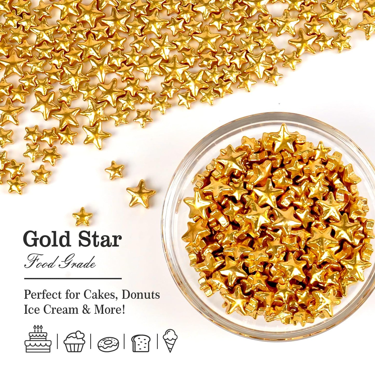 Gold Star Sprinkles for Cake Decorating, Edible Star Sugar Candy, Mix Size, Baking For Cupcakes, Decorating, Cookies, Donuts, Wedding Party, Holiday, 150g/5.29oz
