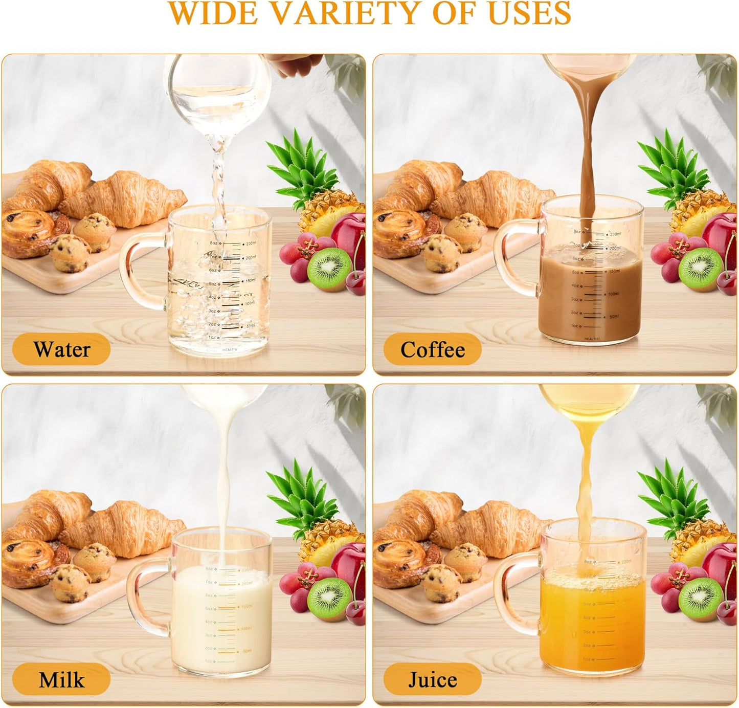 8 Oz Glass Measuring Cup Espresso shot glasses Clear Coffee Mugs for Hot or Cold Glass Expresso Small Coffee Cup with Glass Handle High Borosilicate Glass Cup (Colorful)