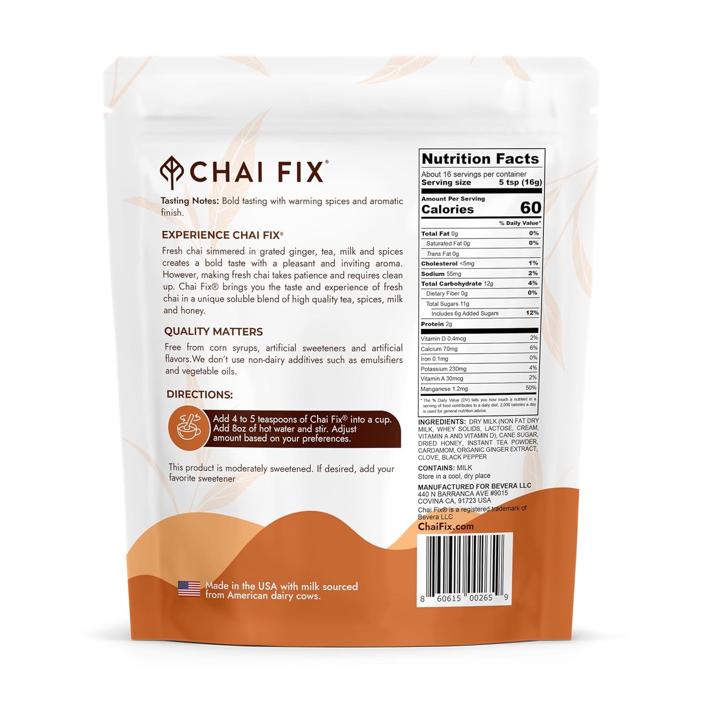 Chai Fix Instant Masala Chai with Milk, Honey and Organic Ginger 16 Servings