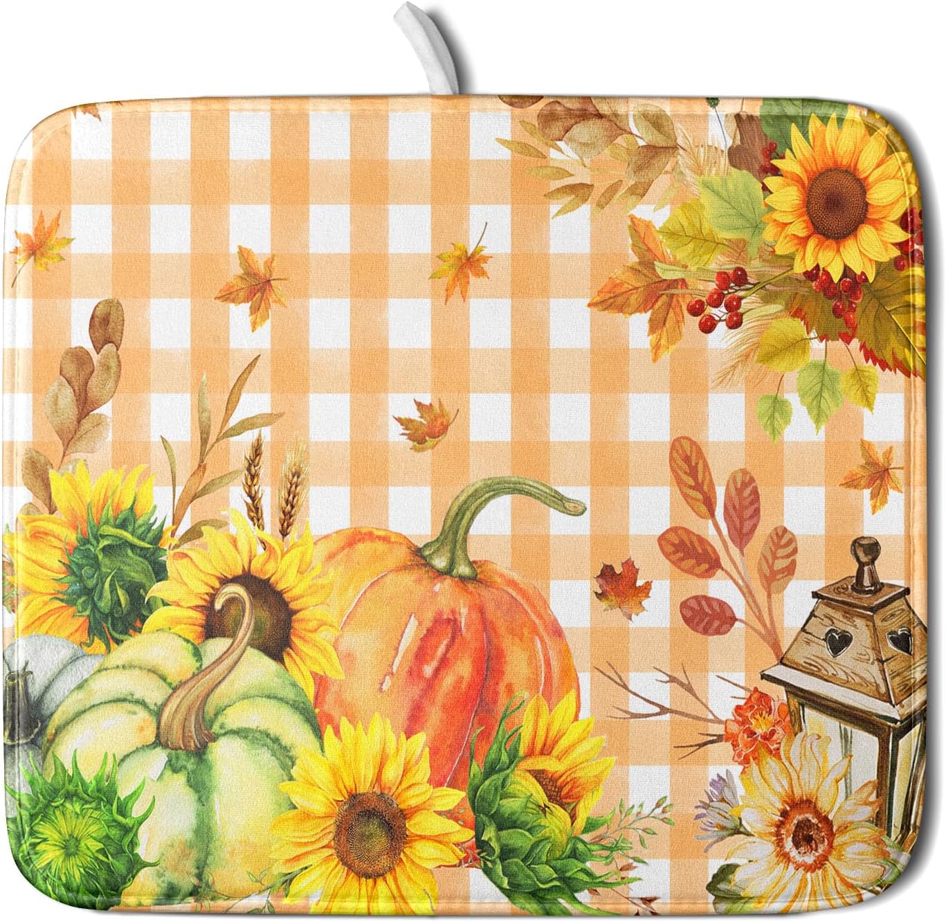 Autumn Maple Leaf Orange White Check Plaids Dish Drying Mat for Kitchen Counter,Fall Sunflower Pumpkin Drying Mat 16 x 18 Inch with Absorbent Reversible Microfiber Dish Drying Pad for Coffee Bar