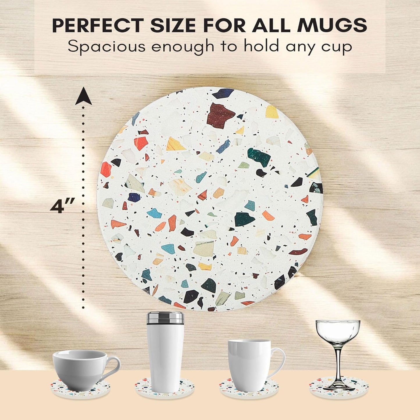 Absorbent Coaster Set of 6 with Holder, Drink Coasters for Coffee Table, Kitchen, Home Decor, Cute Ceramic Round Coasters, Alternative to Silicone, Cork or Glass Coaster (Mosaic with Black Holder)