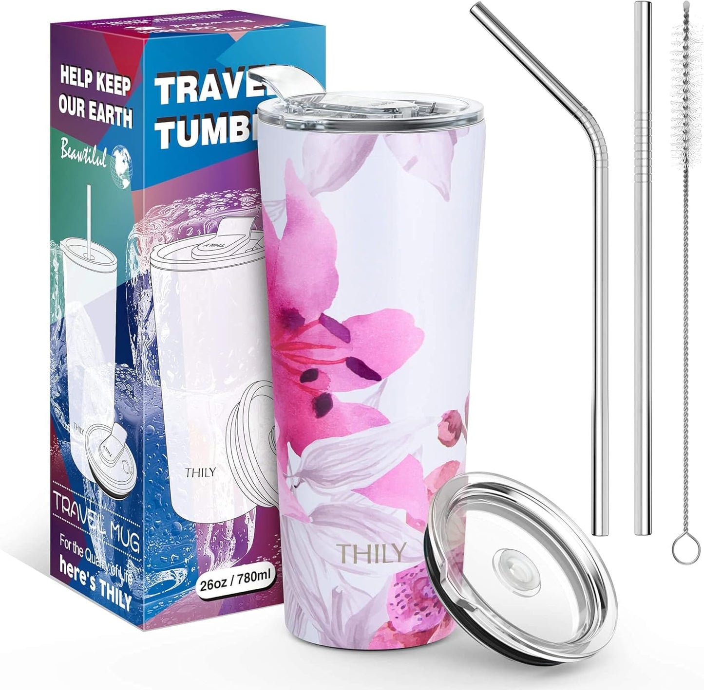 THILY Tumbler Stainless Steel Coffee Cup 26 oz Triple-Insulated Travel Mug with Splash-Proof Lid, for Ice Drinks and Hot Beverage Smoothies Cup, Lotus Flower