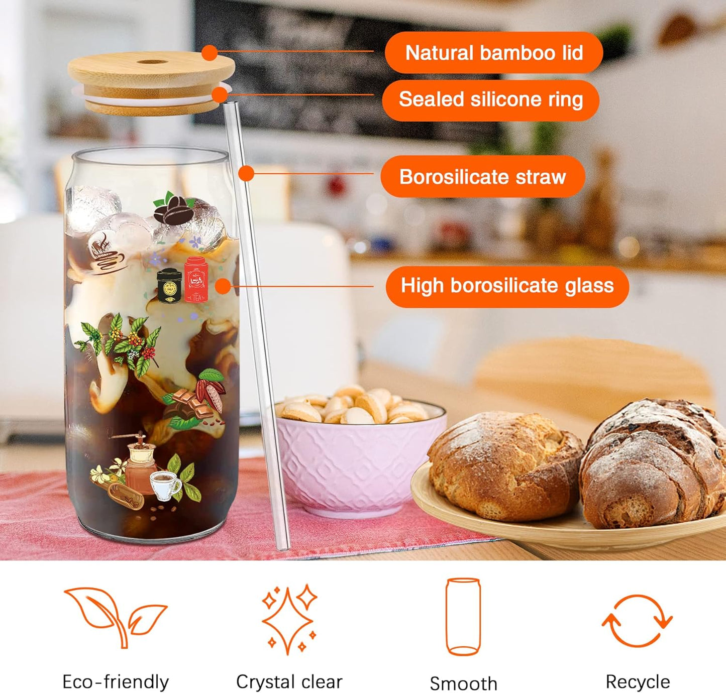 Glass Cups with Lids and Straws 20 Pcs 16 oz Ice Coffee Cup Skinny and Long Can Beer Cups Set Drinking Glasses with Bamboo Lids Reusable Glass Cups Ideal for Smoothies & Beverages