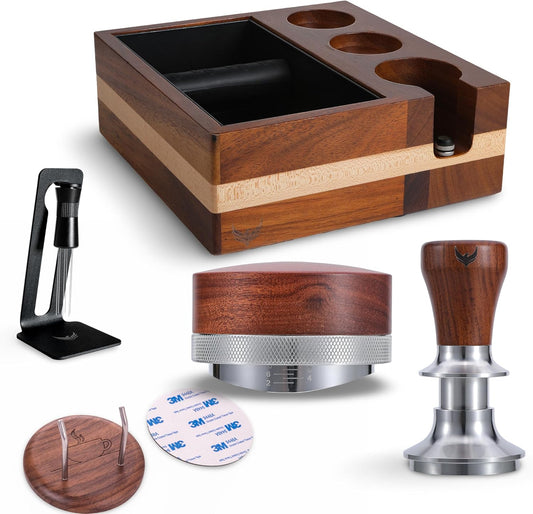 51mm Espresso Tamper Set Includes Knock Box, Coffee Distributor, Calibrated Tamper, WDT Tool and Portafilter Wall Holder - Premium Espresso Machine Accessories Set