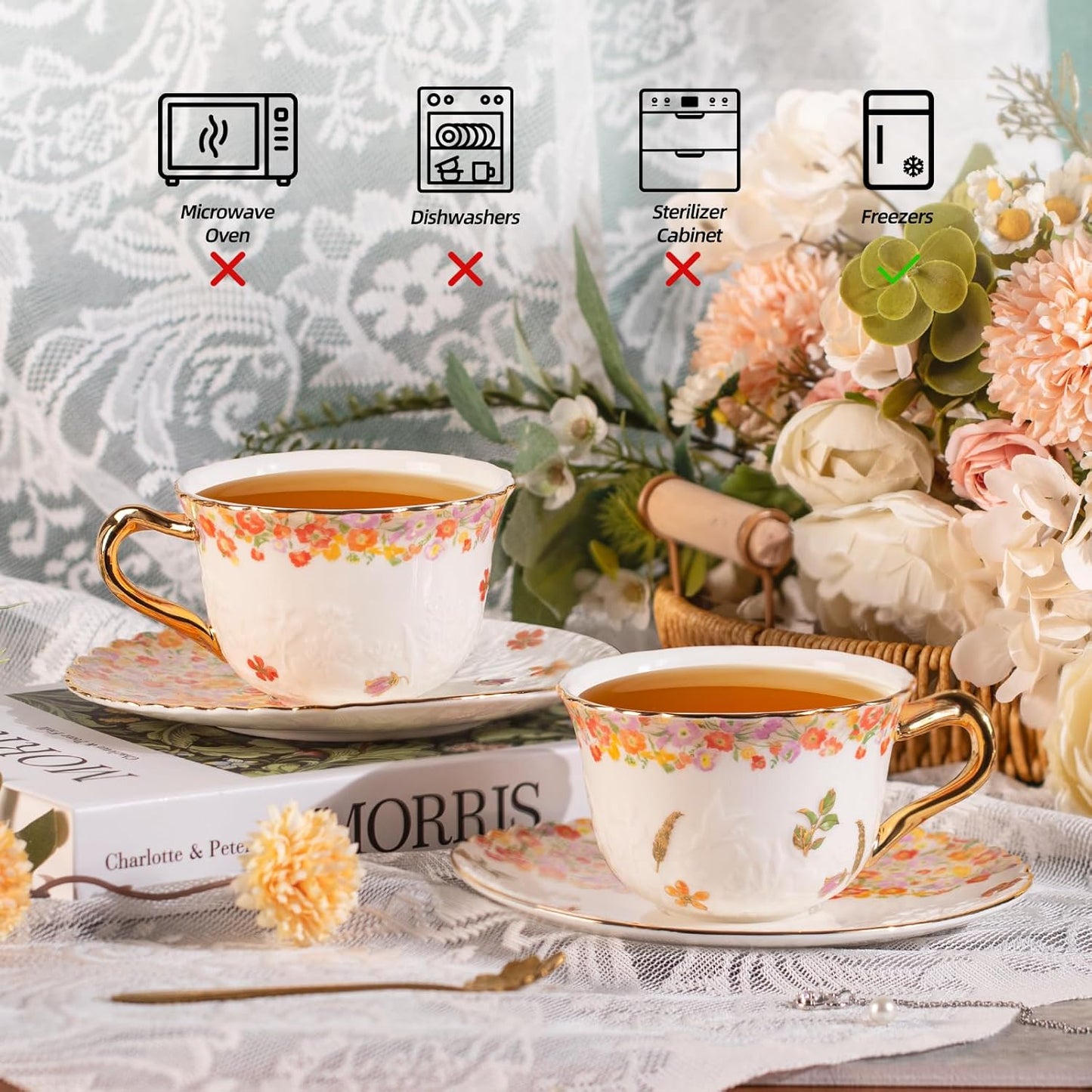 KAMMAK Tea Cups and Saucers Set of 2, Reinforced Porcelain Coffee Cups, 8.5-Ounce Stackable Espresso Mugs, Ceramic Demitasse for Coffee, Cappuccino, Latte, Americano, Tea, Secret Flourish