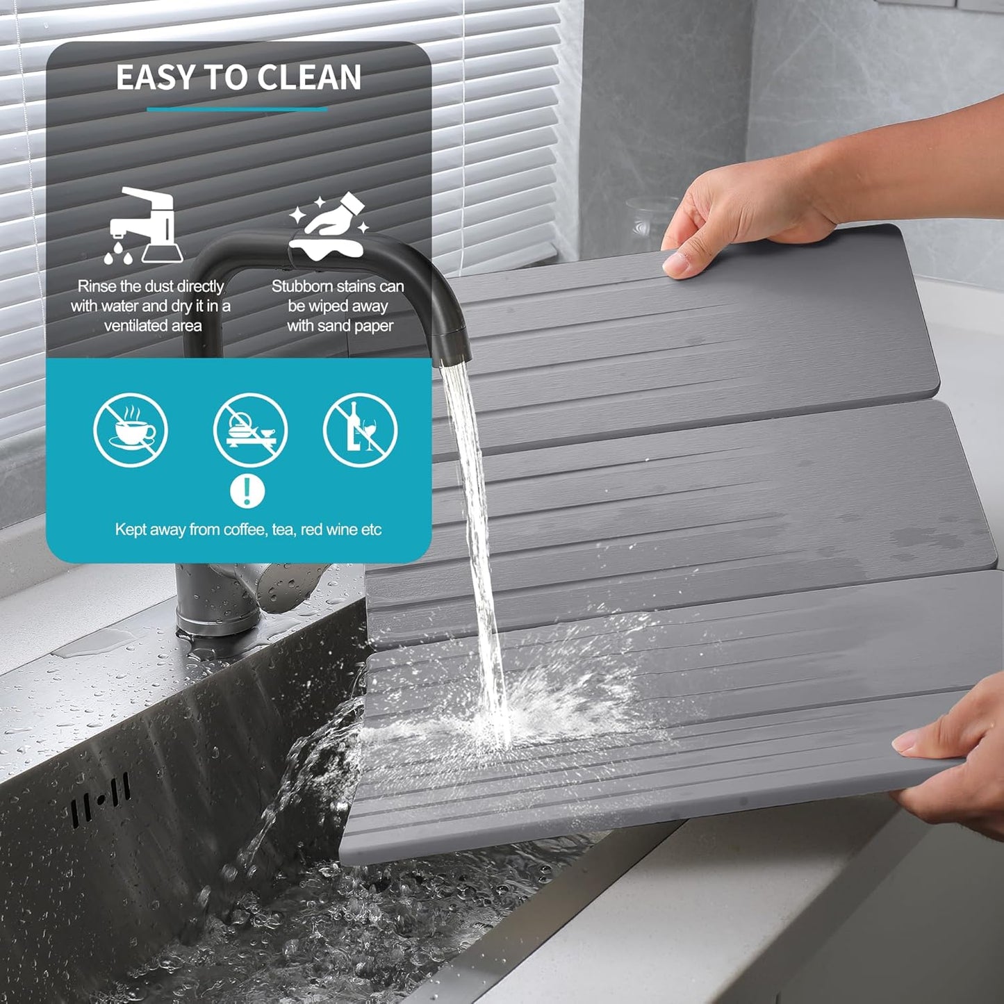 Extral Large Quick Dry Stone Drying Mat for Kitchen Counter,28x16 Inch Collapsible Eco-Friendly Absorbent Diatomaceous Earth Mat for Dishes Cups (Medium Gray-Upgraded Version, 24x16 inch)